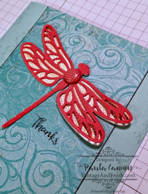 Detail of Dragonfly Dreams thank you card designed by Paula Cannon at www.vintageandfresh.com