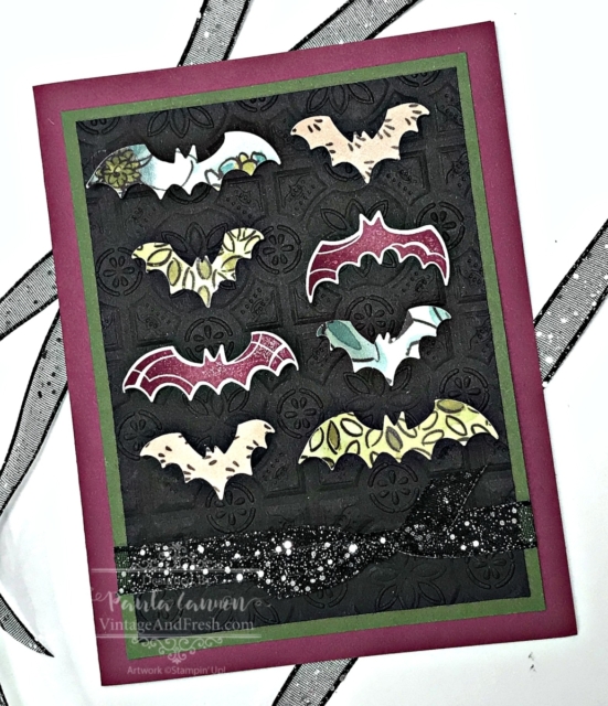 Spooky Bats Specimen Display card using Stampin' Up! Spooky Bats Punch and DSP, by Paula Cannon.