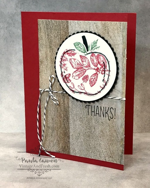 A simple thank you card using the Harvest Hellos apple and Toile Tidings DSP