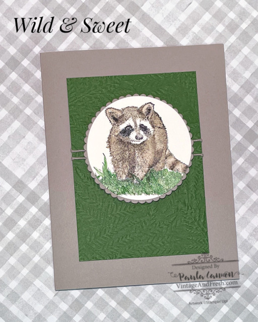 Card using Wild and Sweet stamp set by Stampin' Up! Raccoon image is watercolored.